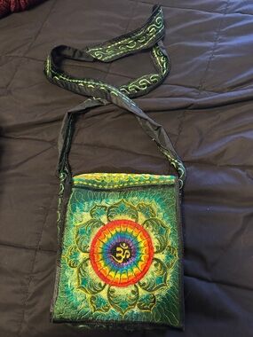 Embroidered Green Boho Crossbody Bag with Rainbow Mandala